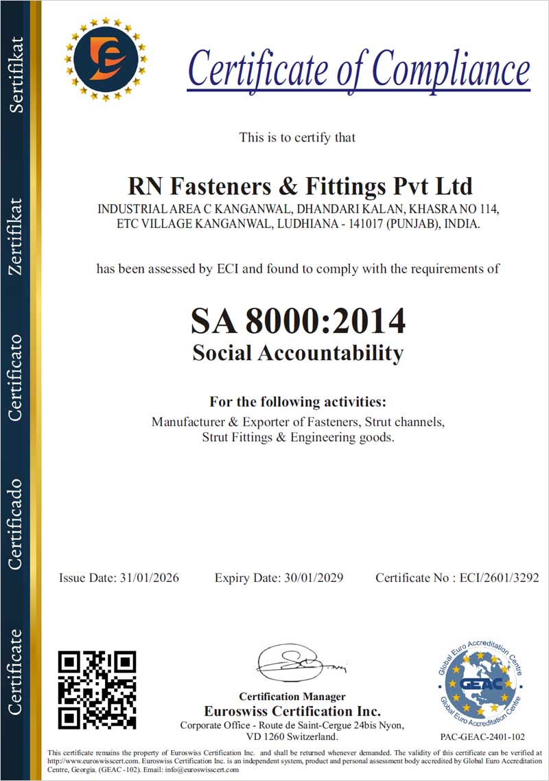 Quality Certificate RN Fasteners and Fittings Pvt. Ltd. India