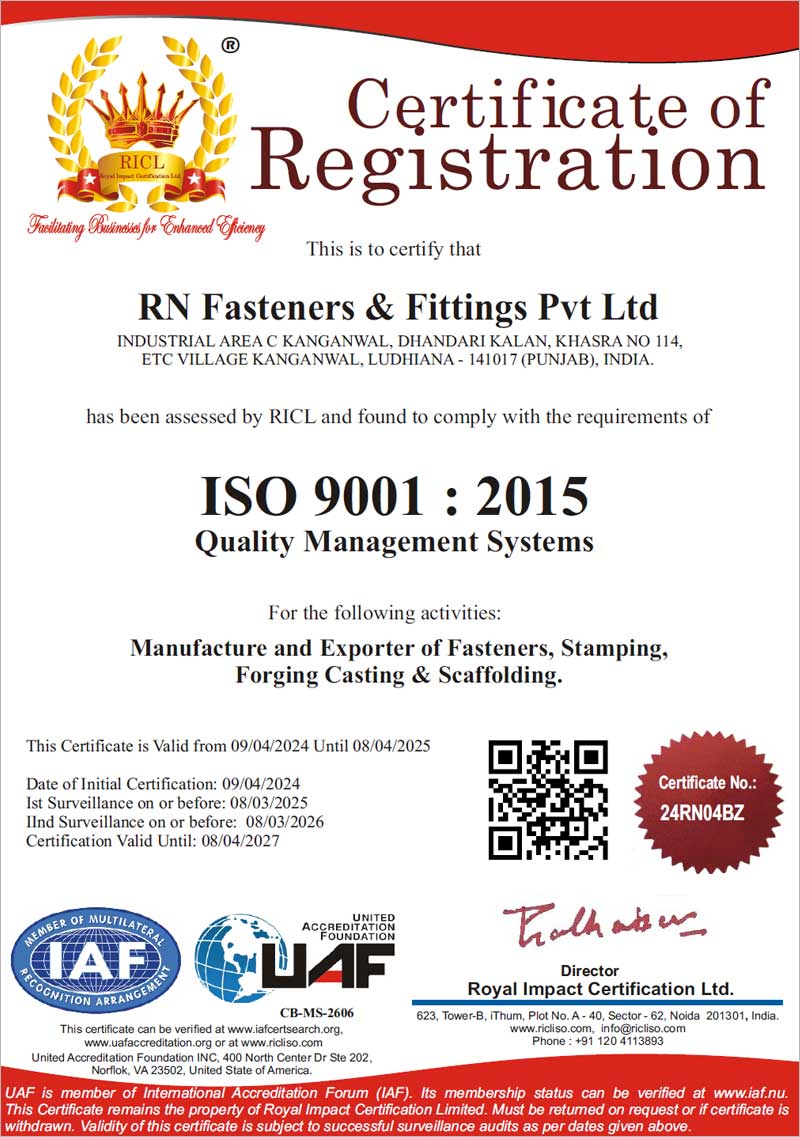 Quality Certificate RN Fasteners and Fittings Pvt. Ltd. India